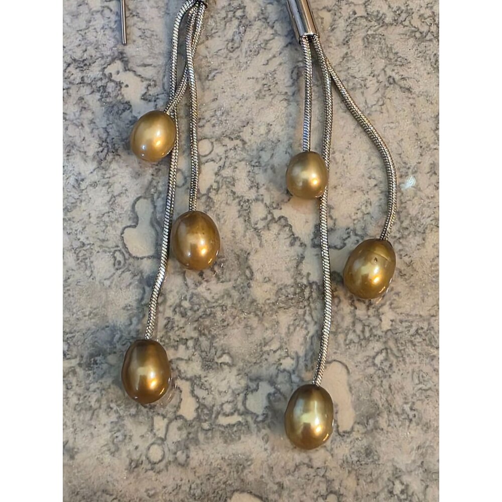 Gold Pearl Drop‎ Silver Snake Chain Dangle Earrings